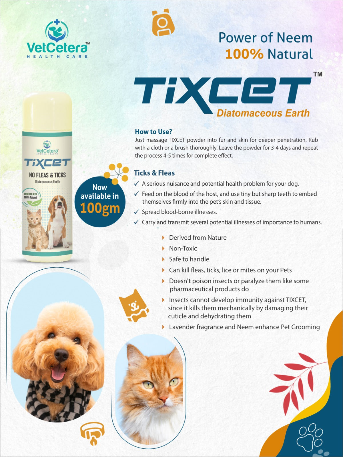 Tixcet by VetCetera Health Care - Natural Pet Treat Powder | Tick and Flea Protection for Dogs and Pets | All Life Stages | 100 Grams